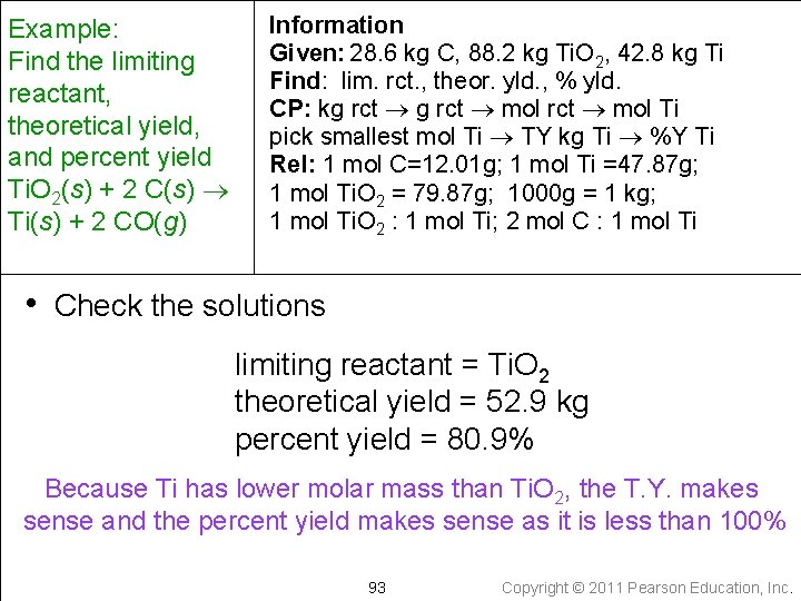 Example: Find the limiting reactant, theoretical yield, and percent yield Ti. O 2(s) +