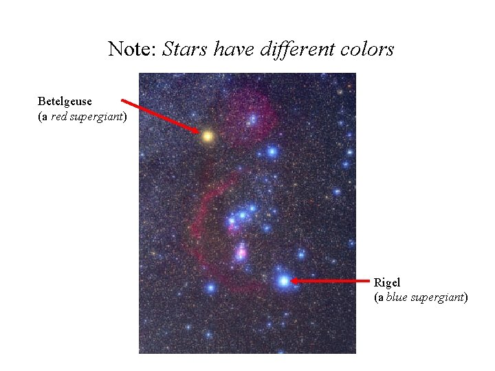 Note: Stars have different colors Betelgeuse (a red supergiant) Rigel (a blue supergiant) 