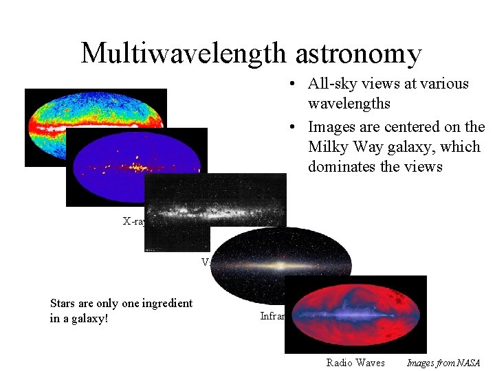 Multiwavelength astronomy • All-sky views at various wavelengths • Images are centered on the