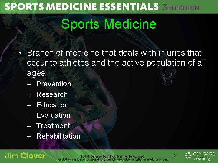 Sports Medicine • Branch of medicine that deals with injuries that occur to athletes