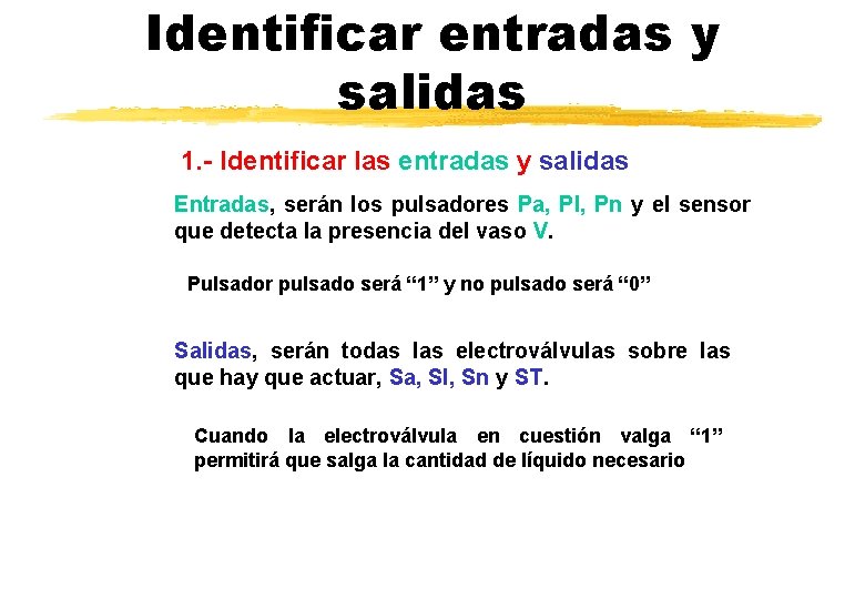 Identificar entradas y salidas 1. - Identificar las entradas y salidas Entradas, serán los