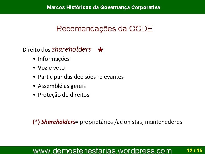 Marcos Históricos da Governança Corporativa Recomendações da OCDE * Direito dos shareholders • Informações