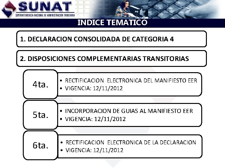 INDICE TEMATICO 1. DECLARACION CONSOLIDADA DE CATEGORIA 4 2. DISPOSICIONES COMPLEMENTARIAS TRANSITORIAS 4 ta. INDICE TEMATICO 1. DECLARACION CONSOLIDADA DE CATEGORIA 4 2. DISPOSICIONES COMPLEMENTARIAS TRANSITORIAS 4 ta.