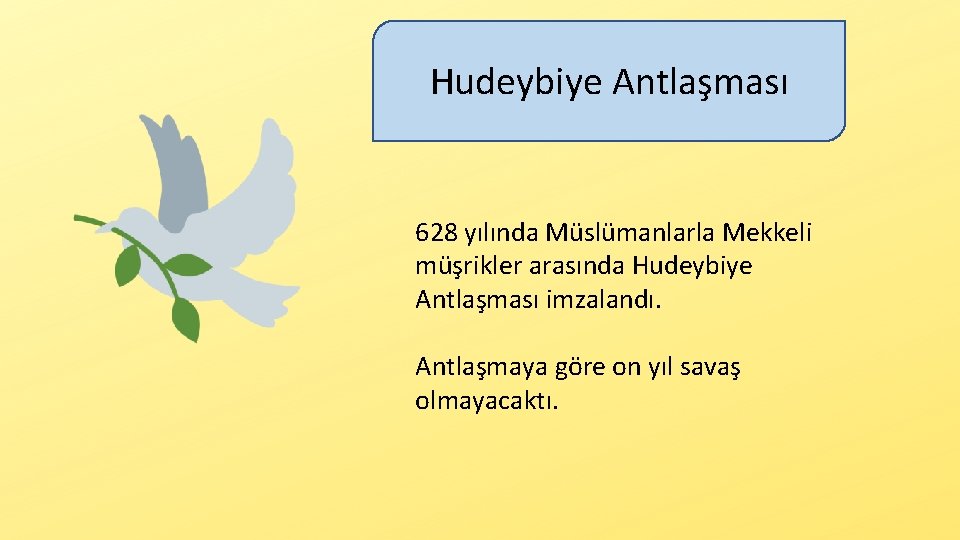 Hudeybiye Antlaşması 628 yılında Müslümanlarla Mekkeli müşrikler arasında Hudeybiye Antlaşması imzalandı. Antlaşmaya göre on