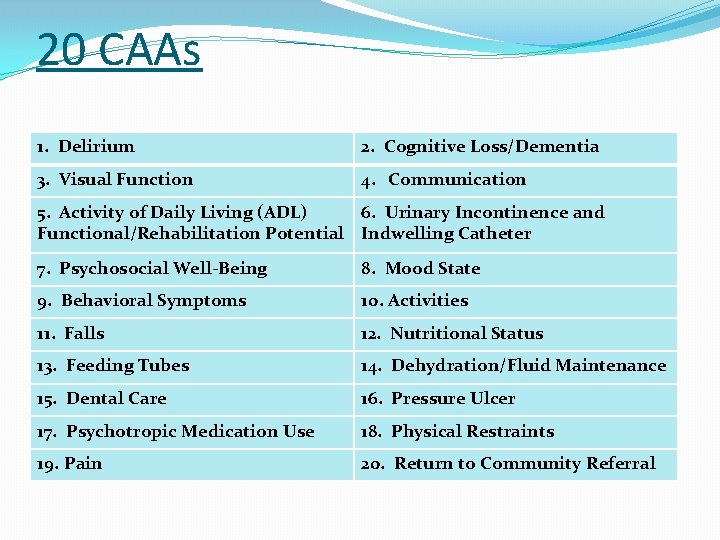 20 CAAs 1. Delirium 2. Cognitive Loss/Dementia 3. Visual Function 4. Communication 5. Activity
