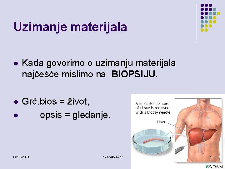 Uzimanje materijala l Kada govorimo o uzimanju materijala najčešće mislimo na BIOPSIJU. l Grč.