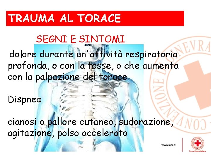 TRAUMA AL TORACE , SEGNI E SINTOMI dolore durante un'attività respiratoria profonda, o con