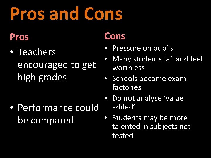 Pros and Cons Pros • Pressure on pupils • Teachers • Many students fail