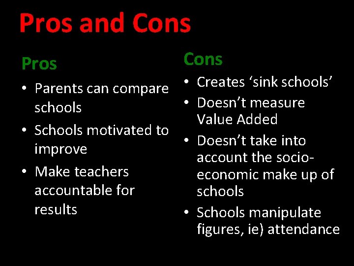 Pros and Cons Pros Cons • Creates ‘sink schools’ • Parents can compare •