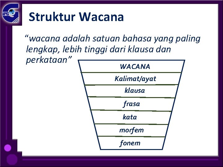 Struktur Wacana “wacana adalah satuan bahasa yang paling lengkap, lebih tinggi dari klausa dan
