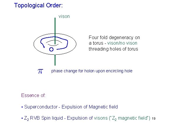 Topological Order: vison Four fold degeneracy on a torus - vison/no vison threading holes Topological Order: vison Four fold degeneracy on a torus - vison/no vison threading holes