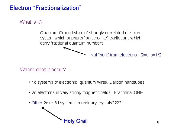 Electron “Fractionalization” What is it? Quantum Ground state of strongly correlated electron system which Electron “Fractionalization” What is it? Quantum Ground state of strongly correlated electron system which