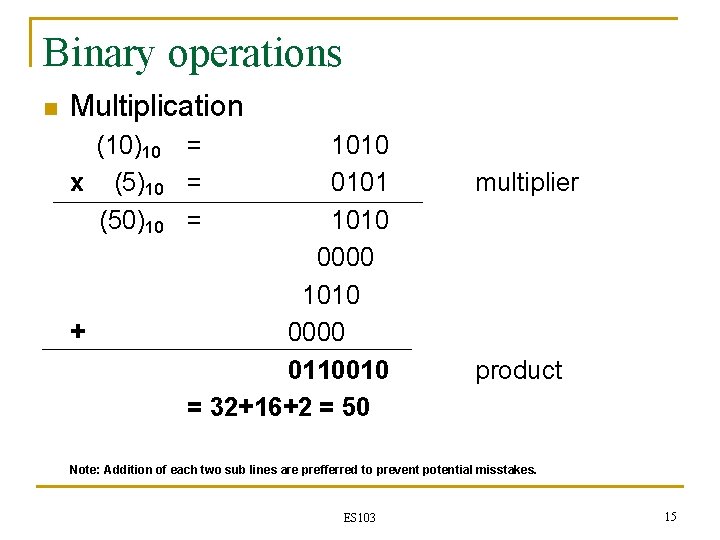 Binary operations n Multiplication (10)10 = x (5)10 = (50)10 = + 1010 0101 Binary operations n Multiplication (10)10 = x (5)10 = (50)10 = + 1010 0101