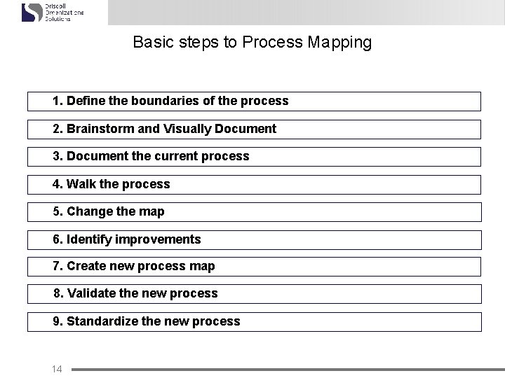 Basic steps to Process Mapping 1. Define the boundaries of the process 2. Brainstorm