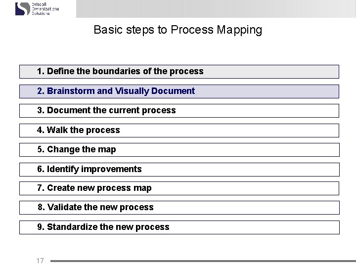 Basic steps to Process Mapping 1. Define the boundaries of the process 2. Brainstorm