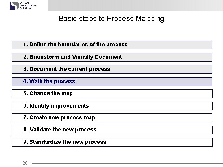 Basic steps to Process Mapping 1. Define the boundaries of the process 2. Brainstorm