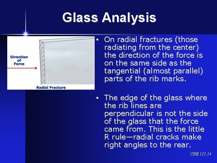 Glass Analysis • On radial fractures (those radiating from the center) the direction of