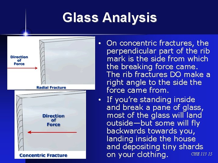 Glass Analysis • On concentric fractures, the perpendicular part of the rib mark is