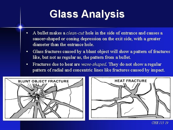 Glass Analysis • A bullet makes a clean-cut hole in the side of entrance