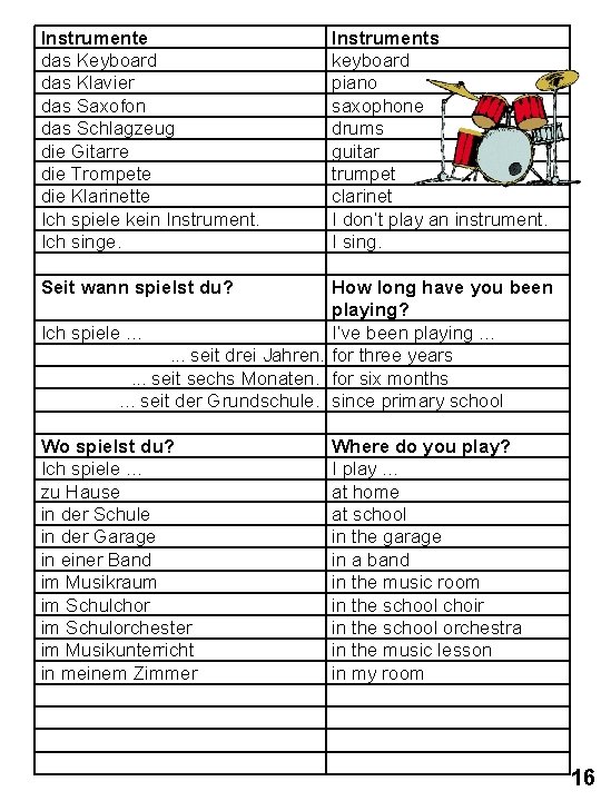 Instrumente das Keyboard das Klavier das Saxofon das Schlagzeug die Gitarre die Trompete die