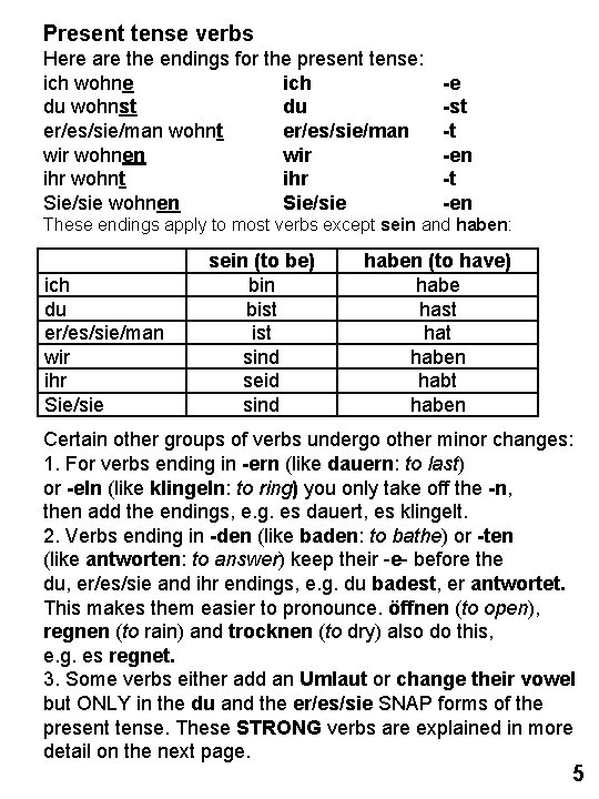 Present tense verbs Here are the endings for the present tense: ich wohne ich