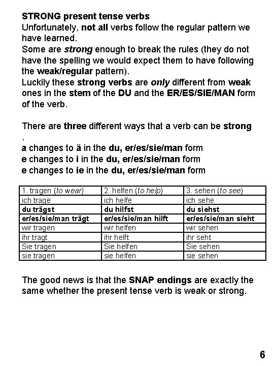 STRONG present tense verbs Unfortunately, not all verbs follow the regular pattern we have