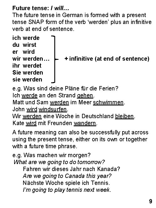 Future tense: I will… The future tense in German is formed with a present