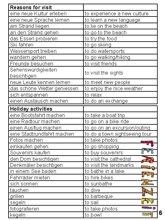 Reasons for visit eine neue Kultur erleben eine neue Sprache lernen am Strand liegen