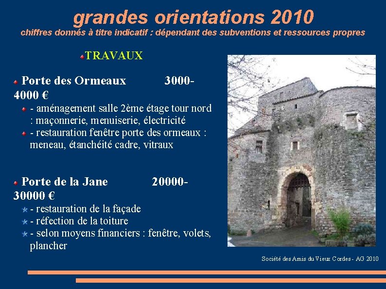 grandes orientations 2010 chiffres donnés à titre indicatif : dépendant des subventions et ressources