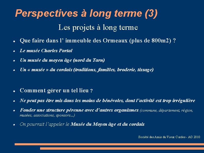 Perspectives à long terme (3) Les projets à long terme Que faire dans l’