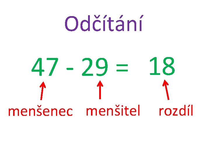 Odčítání 47 - 29 = 18 menšenec menšitel rozdíl 