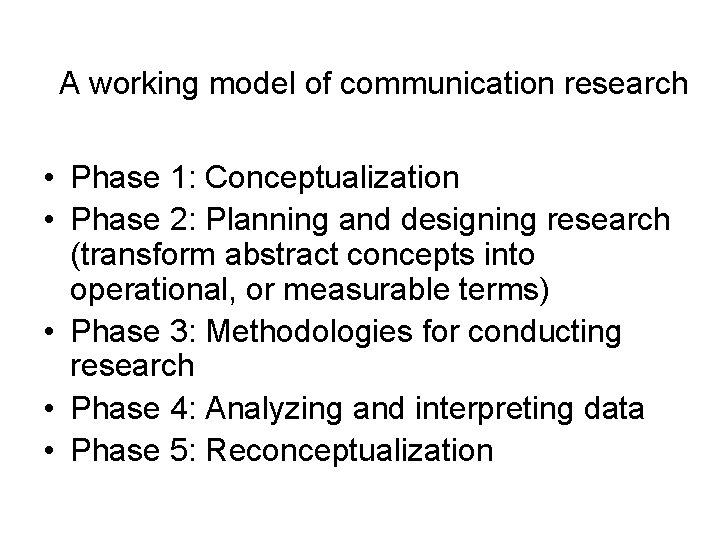 A working model of communication research • Phase 1: Conceptualization • Phase 2: Planning