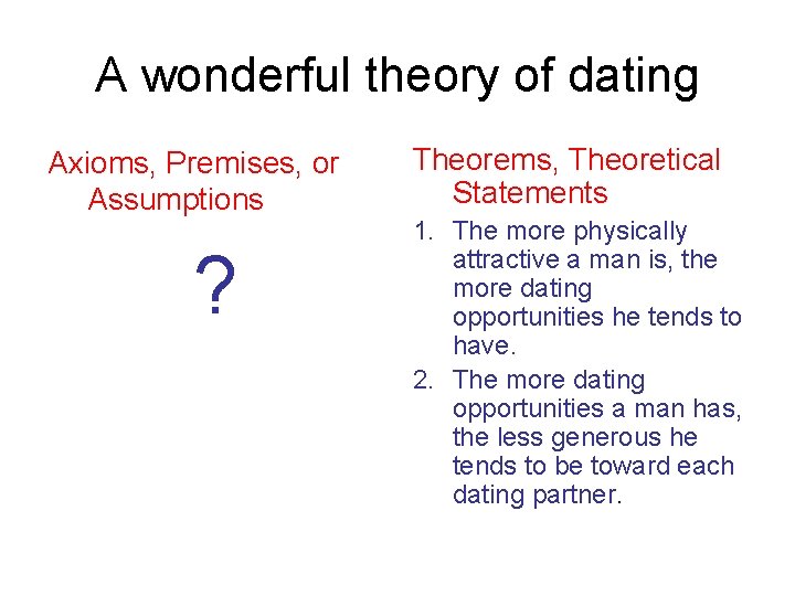 A wonderful theory of dating Axioms, Premises, or Assumptions ? Theorems, Theoretical Statements 1.