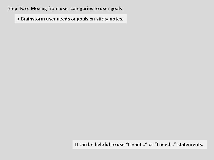 Step Two: Moving from user categories to user goals > Brainstorm user needs or Step Two: Moving from user categories to user goals > Brainstorm user needs or