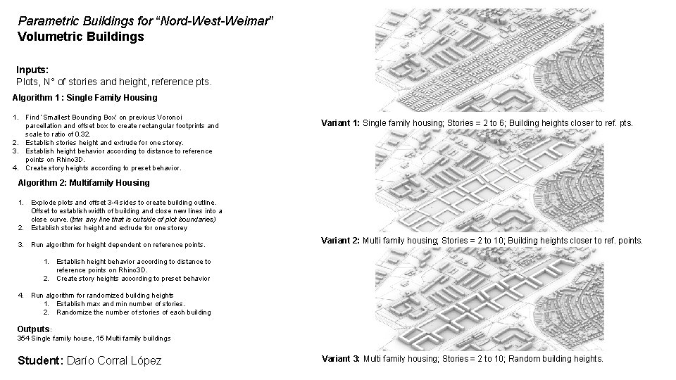 Parametric Buildings for “Nord-West-Weimar” Volumetric Buildings Inputs: Plots, N° of stories and height, reference