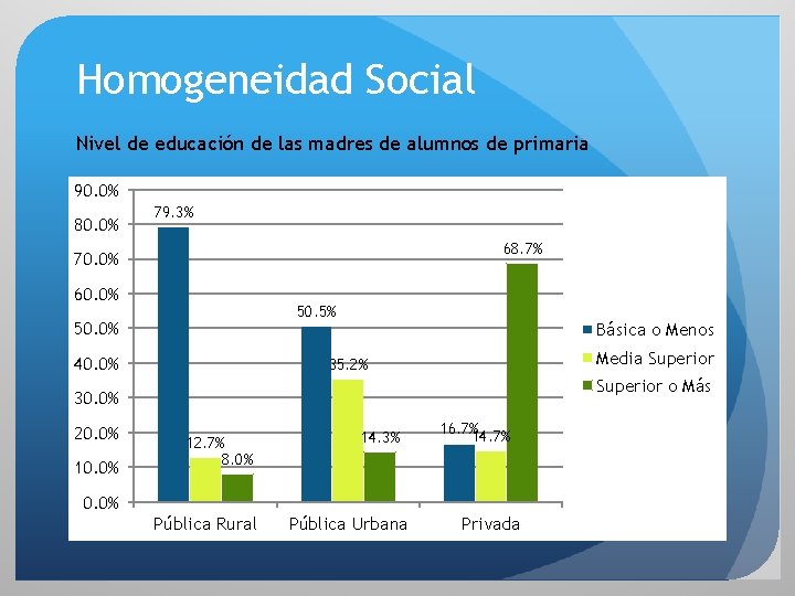 Homogeneidad Social Nivel de educación de las madres de alumnos de primaria 90. 0%