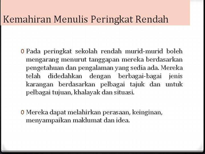 Kemahiran Menulis Peringkat Rendah 0 Pada peringkat sekolah rendah murid-murid boleh mengarang menurut tanggapan