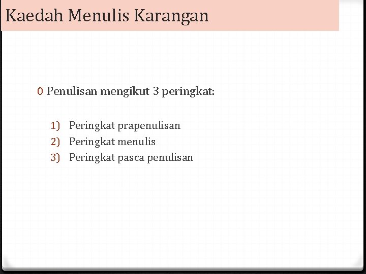 Kaedah Menulis Karangan 0 Penulisan mengikut 3 peringkat: 1) Peringkat prapenulisan 2) Peringkat menulis