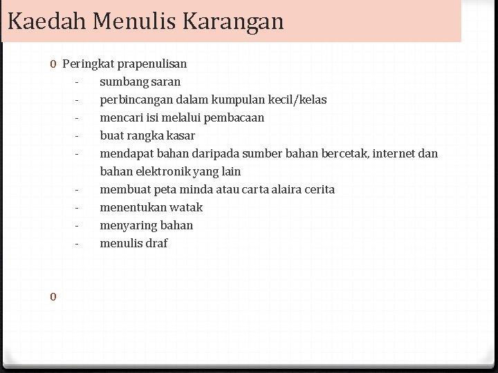 Kaedah Menulis Karangan 0 Peringkat prapenulisan sumbang saran perbincangan dalam kumpulan kecil/kelas mencari isi