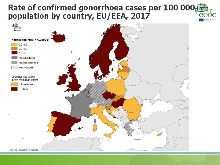 Rate of confirmed gonorrhoea cases per 100 000 population by country, EU/EEA, 2017 