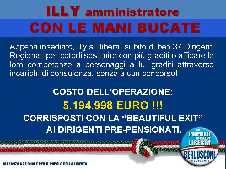 ILLY amministratore CON LE MANI BUCATE Appena insediato, Illy si “libera” subito di ben