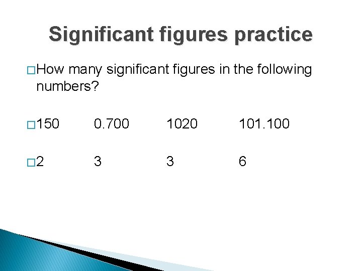 Significant figures practice � How many significant figures in the following numbers? � 150