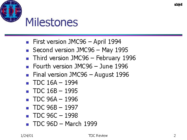 Milestones n n n First version JMC 96 – April 1994 Second version JMC