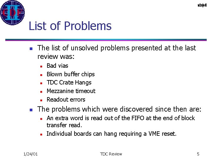 List of Problems n The list of unsolved problems presented at the last review