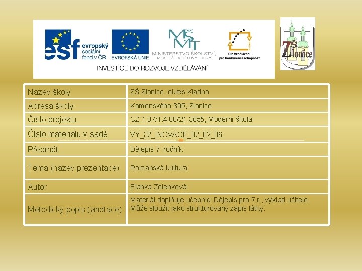 Název školy ZŠ Zlonice, okres Kladno Adresa školy Komenského 305, Zlonice Číslo projektu CZ.