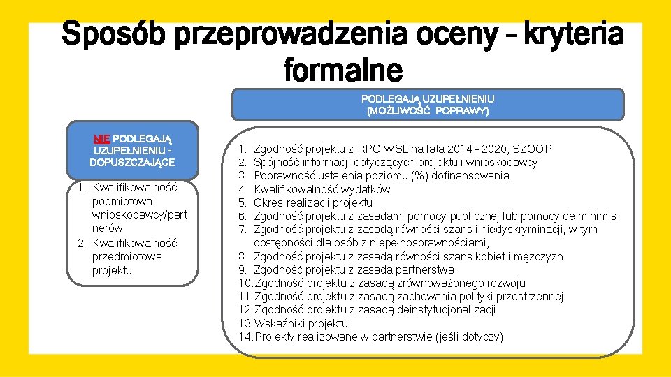 Sposób przeprowadzenia oceny – kryteria formalne PODLEGAJĄ UZUPEŁNIENIU (MOŻLIWOŚĆ POPRAWY) NIE PODLEGAJĄ UZUPEŁNIENIU DOPUSZCZAJĄCE