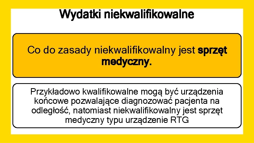 Wydatki niekwalifikowalne Co do zasady niekwalifikowalny jest sprzęt medyczny. Przykładowo kwalifikowalne mogą być urządzenia