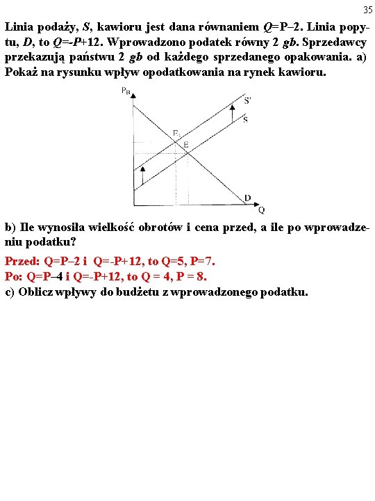 35 Linia podaży, S, kawioru jest dana równaniem Q=P– 2. Linia popy tu, D,