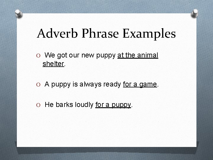 Adverb Phrase Examples O We got our new puppy at the animal shelter. O