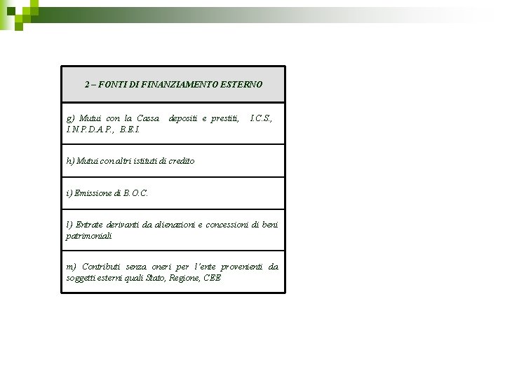 2 – FONTI DI FINANZIAMENTO ESTERNO g) Mutui con la Cassa I. N. P. 2 – FONTI DI FINANZIAMENTO ESTERNO g) Mutui con la Cassa I. N. P.